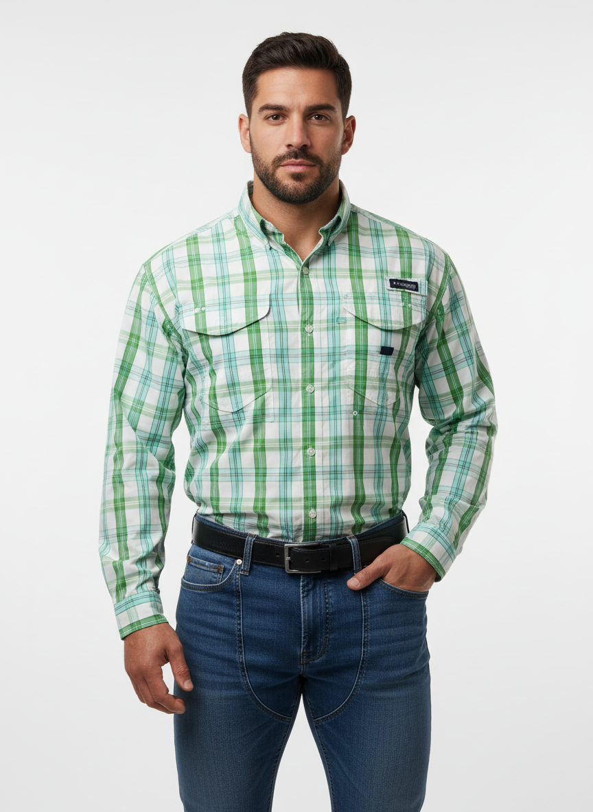 Camisa Columbia 🔹 Modelo Super Bonehead con patrón de cuadros en celeste, verde y blanco Manga larga Talla S