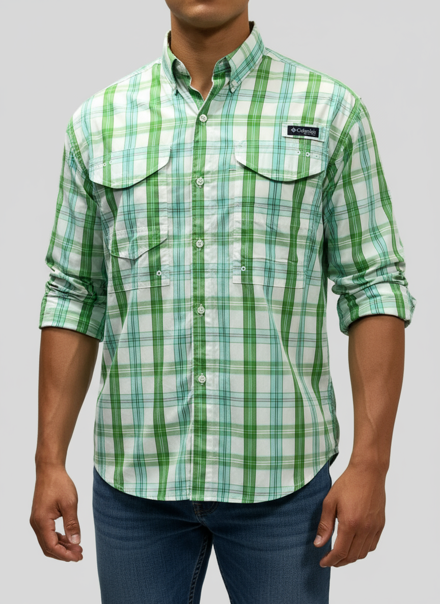 Camisa Columbia 🔹 Modelo Super Bonehead con patrón de cuadros en celeste, verde y blanco Manga larga Talla S