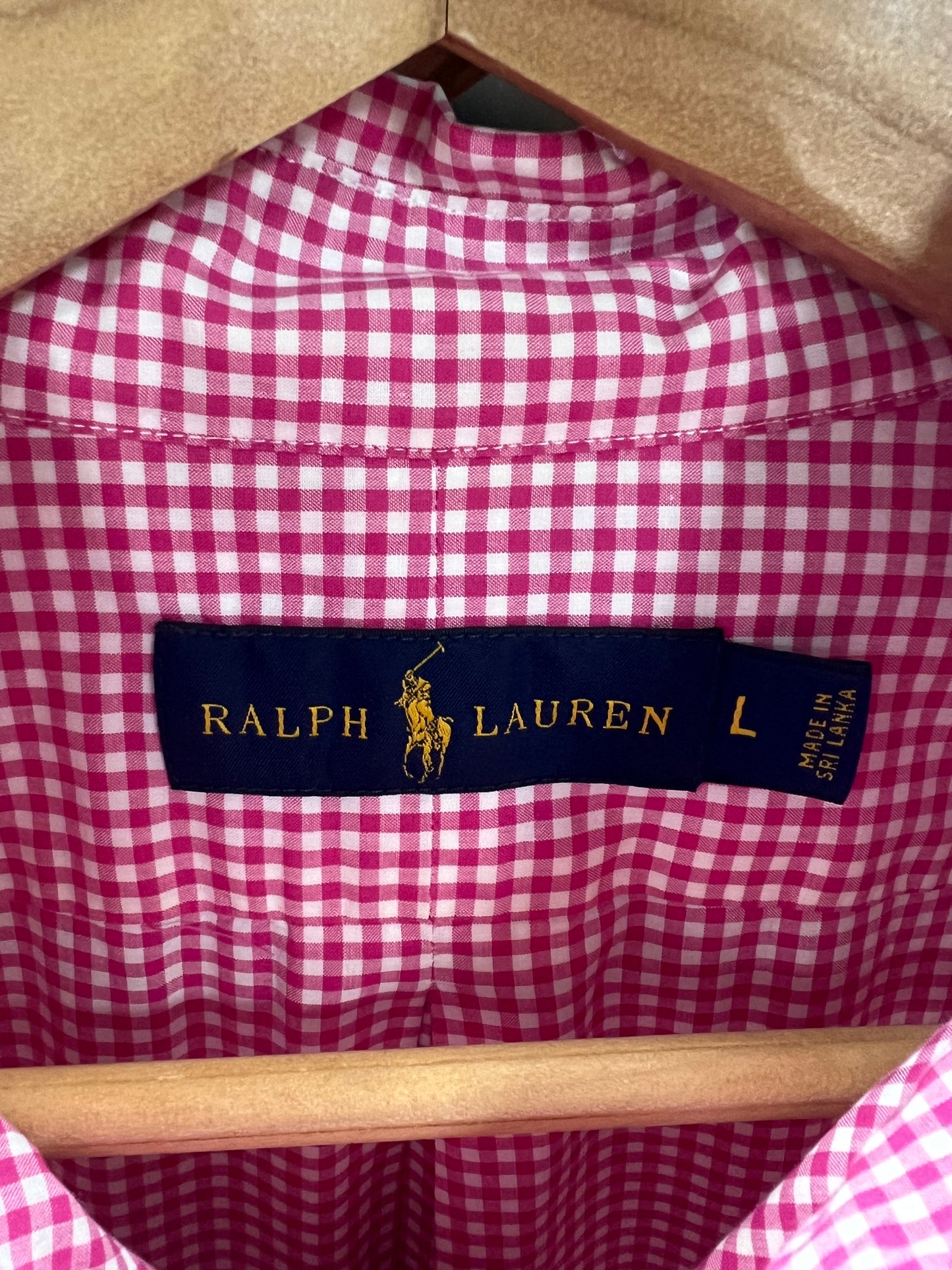 Camisa Polo Ralph Lauren 🏇🏼 con patron de cuadros gingham rosado y blanco Talla L Entalle Regular