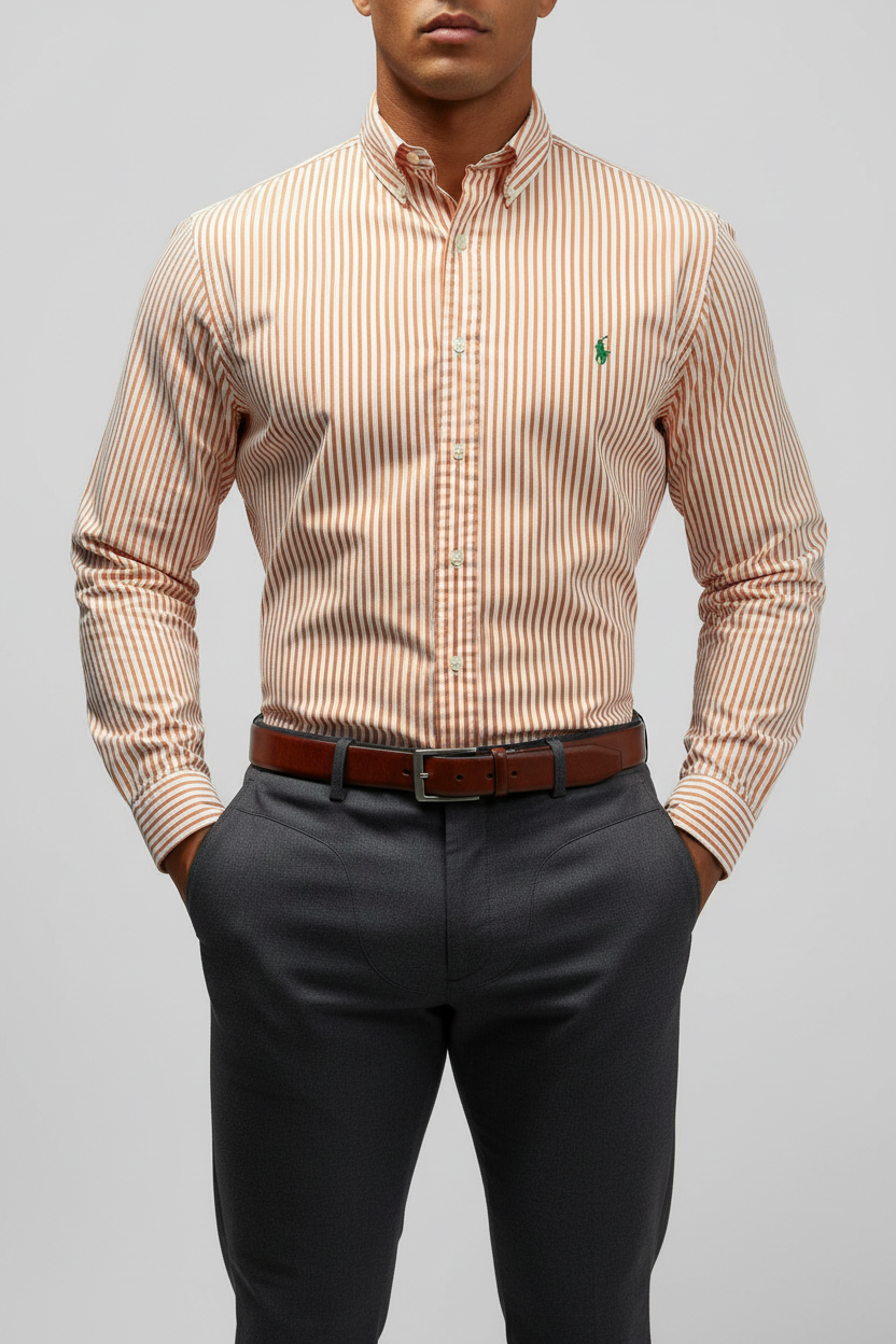 Camisa de botones Polo Ralph Lauren 🏇🏼 con patron de rayas en color naranja y blanco Talla XL Entalle Regular