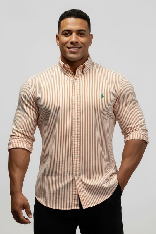 Camisa de botones Polo Ralph Lauren 🏇🏼 con patron de rayas en color naranja y blanco Talla XL Entalle Regular