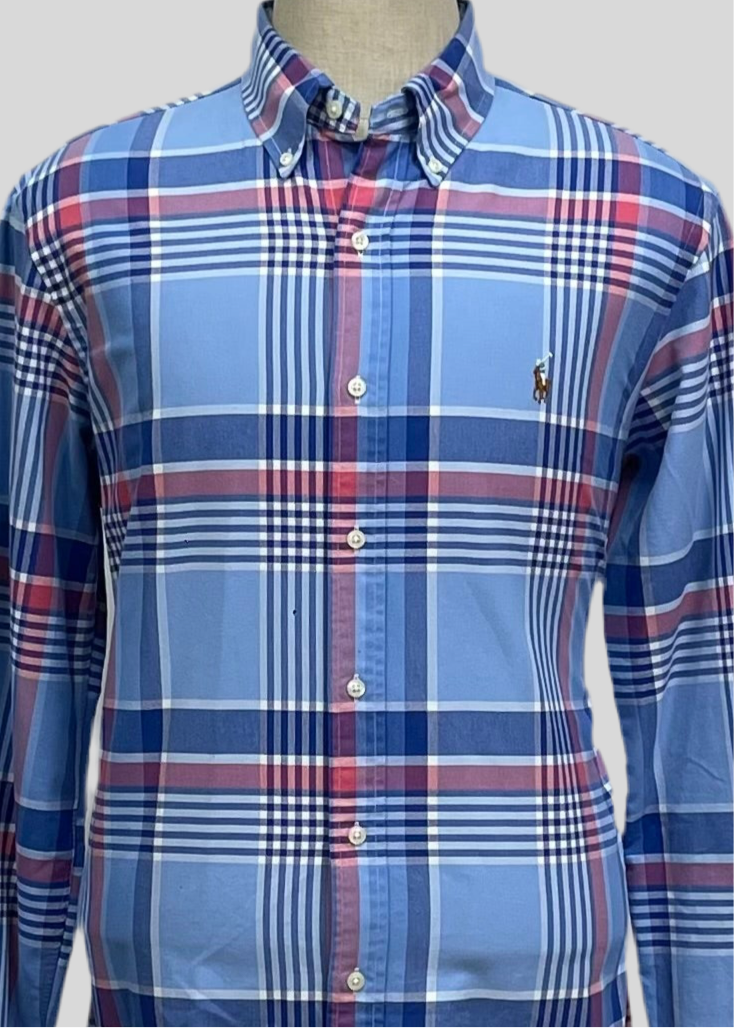 Camisa Polo Ralph Lauren 🏇🏼 Oxford con patron de cuadros tartán en color celeste, azul y rosado Talla S Entalle Regular