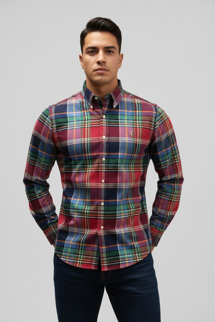 Camisa Polo Ralph Lauren 🏇🏼 Oxford de cuadros tartán en color azul, verde y rojo Talla M Entalle Clásico