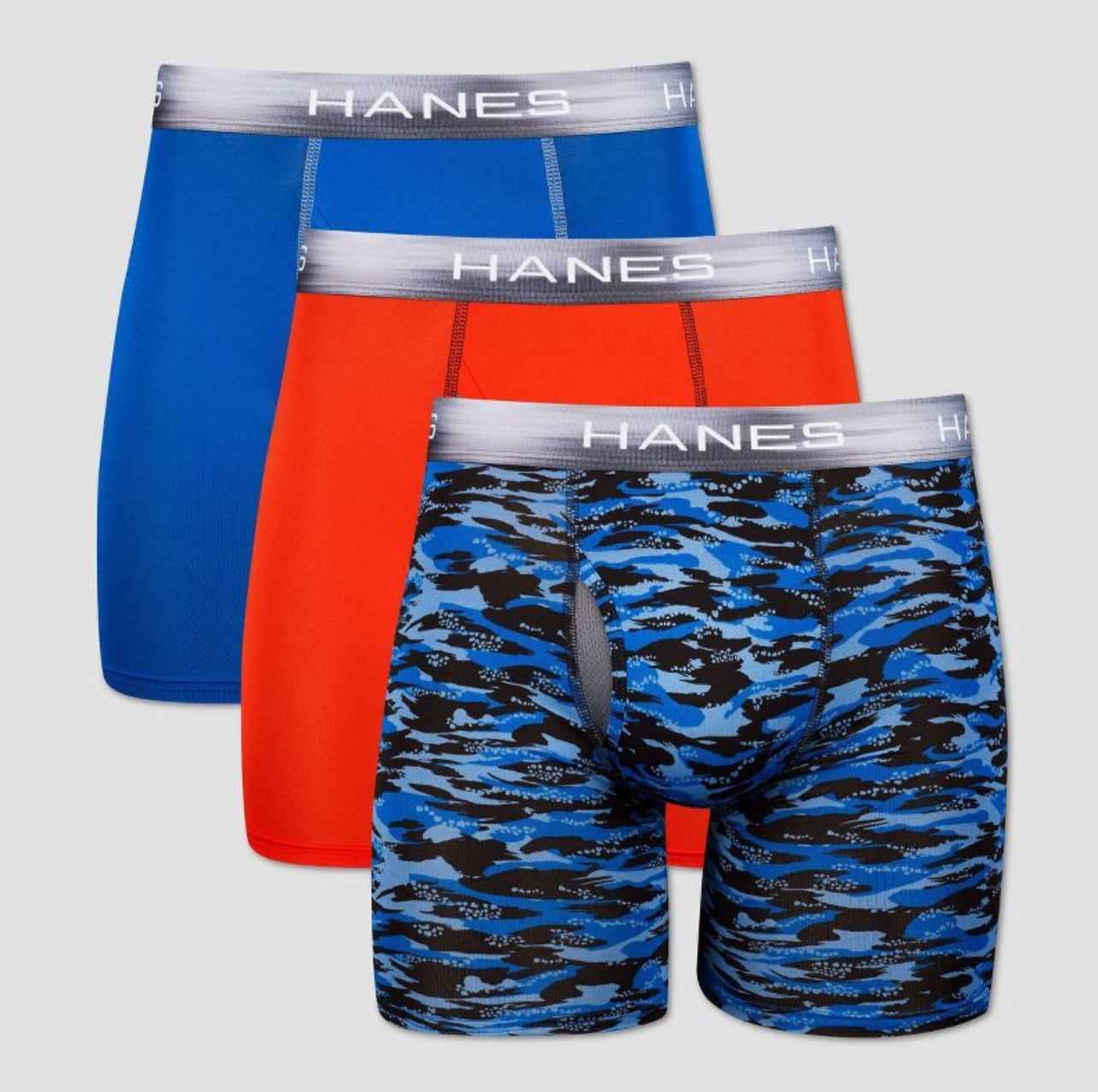 Paquete de 3 Calzoncillos tipo Boxer Hanes de Tela Performance X-Temp en color azul y rojo- Tela ligera en Talla L