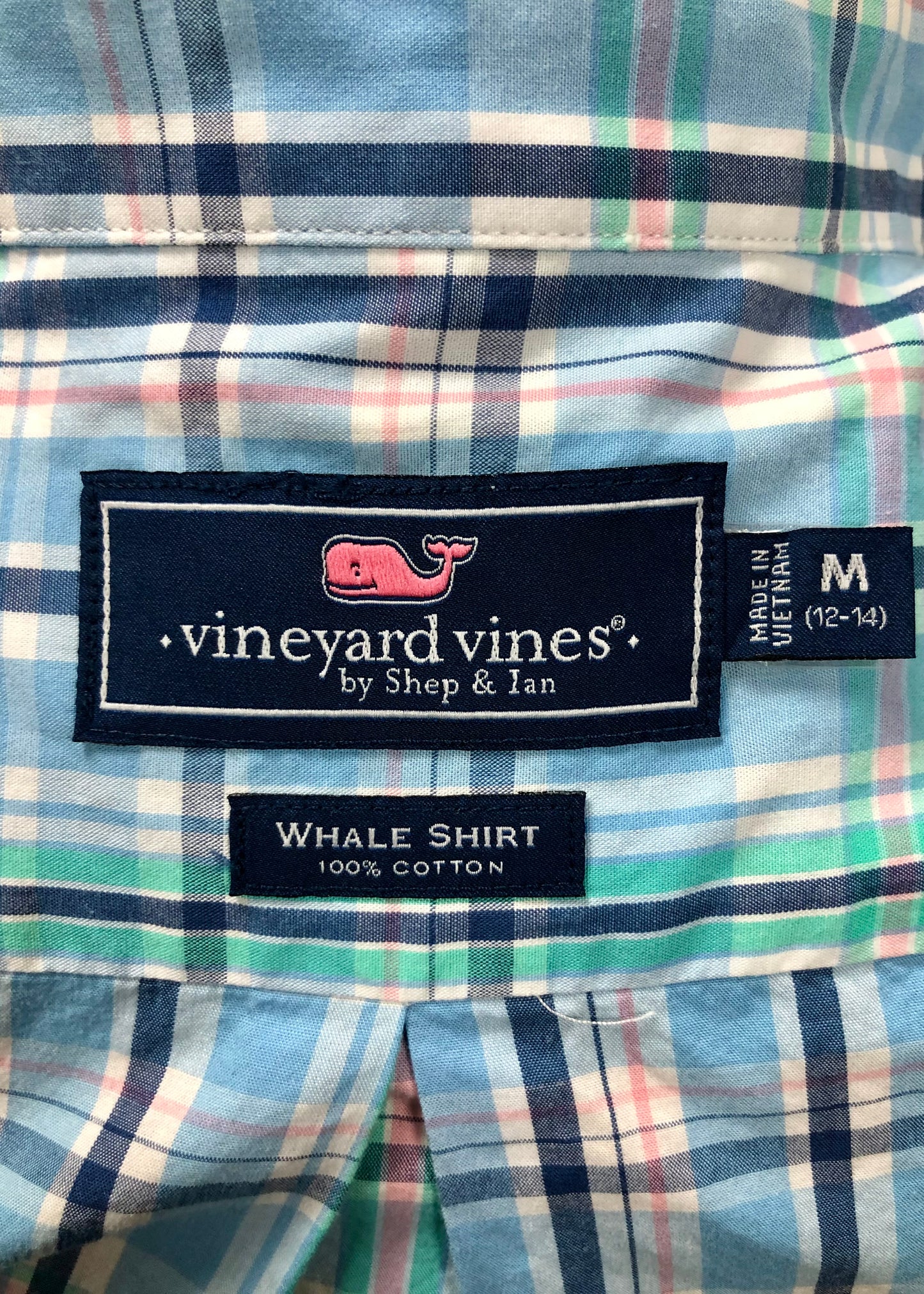 Camisa de niño Vineyard Vines 🐳 con patrón de cuadros en color verde, amarillo, azul y blanco Talla M (12-14) Entalle Regular