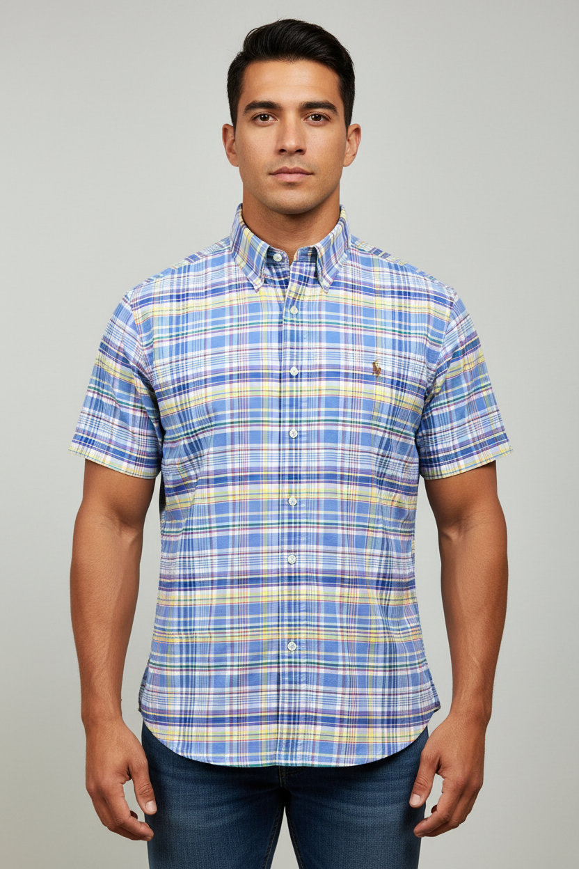 Camisa Polo Ralph Lauren 🏇🏼 de cuadros tartan en color azul, celeste y amarillo Talla XL Entalle Regular