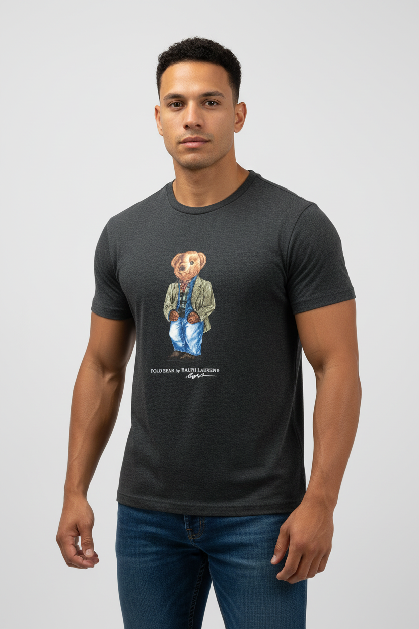 Camiseta cuello redondo Polo Ralph Lauren 🏇🏼 Color gris oscuro con diseño de polo bear Talla M Entalle Regular