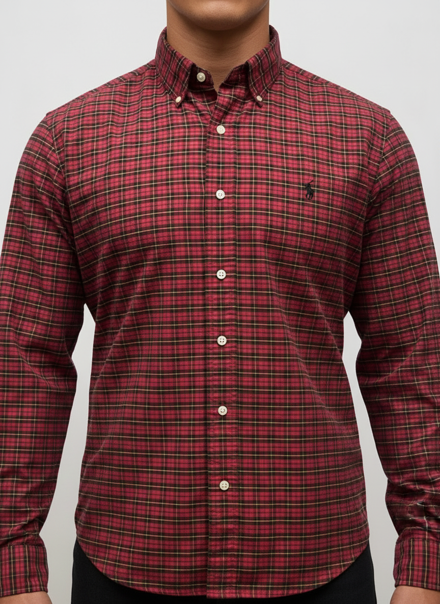 Camisa de botones Polo Ralph Lauren 🏇🏼 Oxford de cuadros gingham rojo, amarillo y negro Talla M Entalle Regular