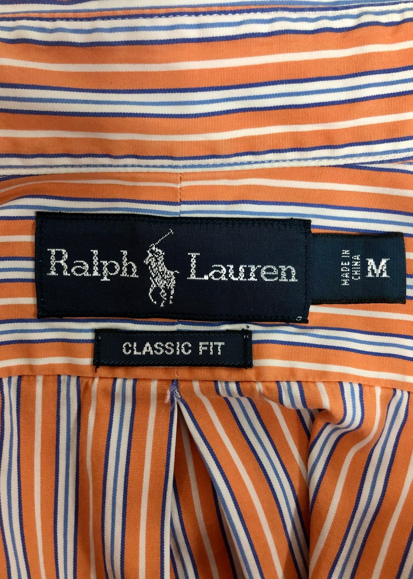 Camisa de botones Polo Ralph Lauren 🏇🏼 color naranja claro con rayas en color azul y blanco Talla M Entalle Clásico