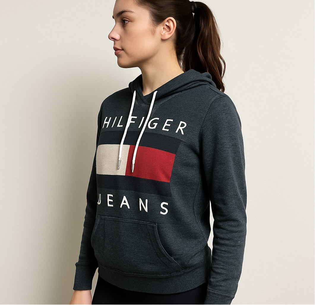 Camiseta con capucha de mujer Tommy Hilfiger 🇺🇸 color gris con logo tradicional de bandera Talla L