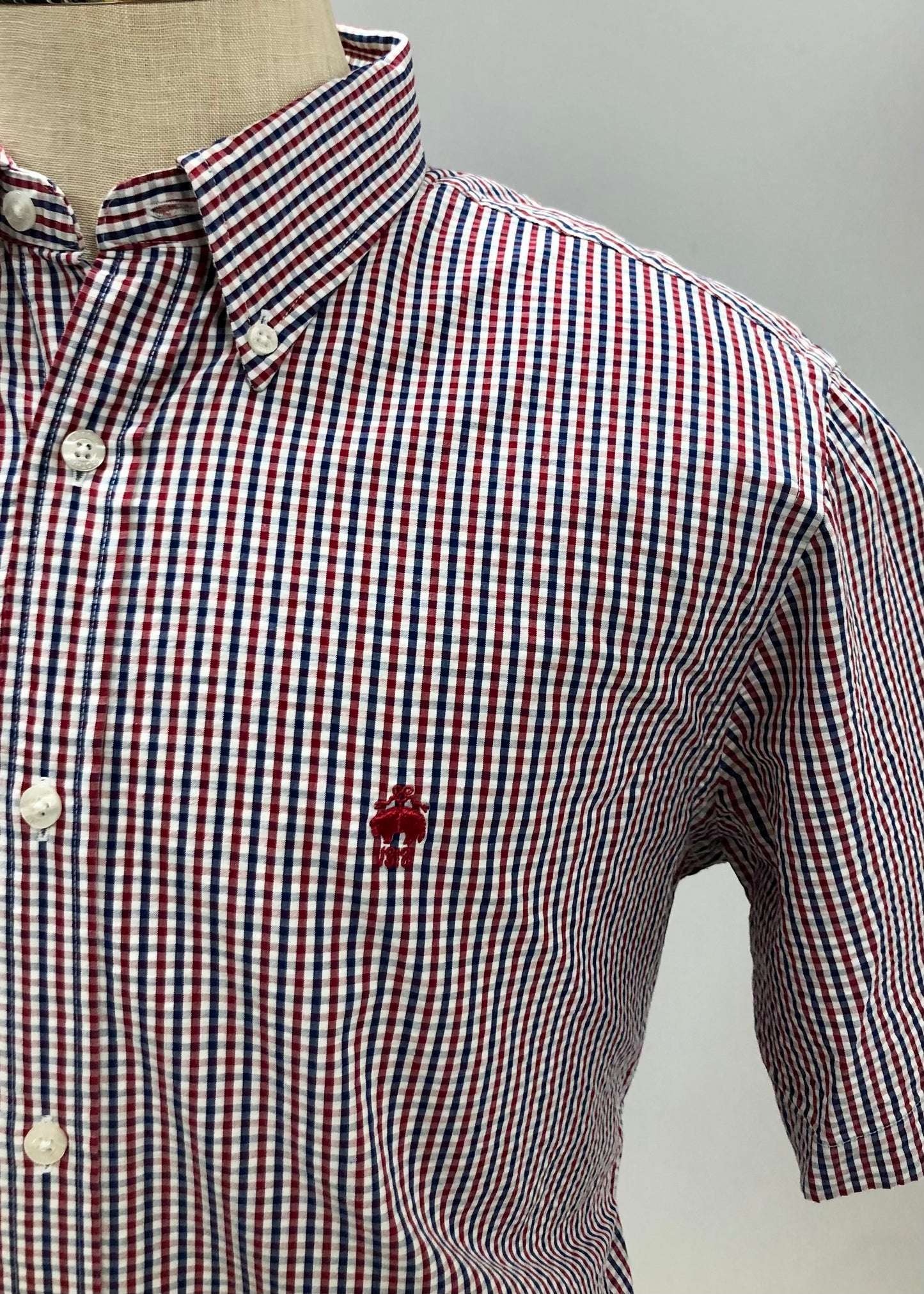 Camisa de botones Brooks Brothers 🐑 Seersucker de cuadros en color rojo, azul y blanco Talla L Entalle Regular