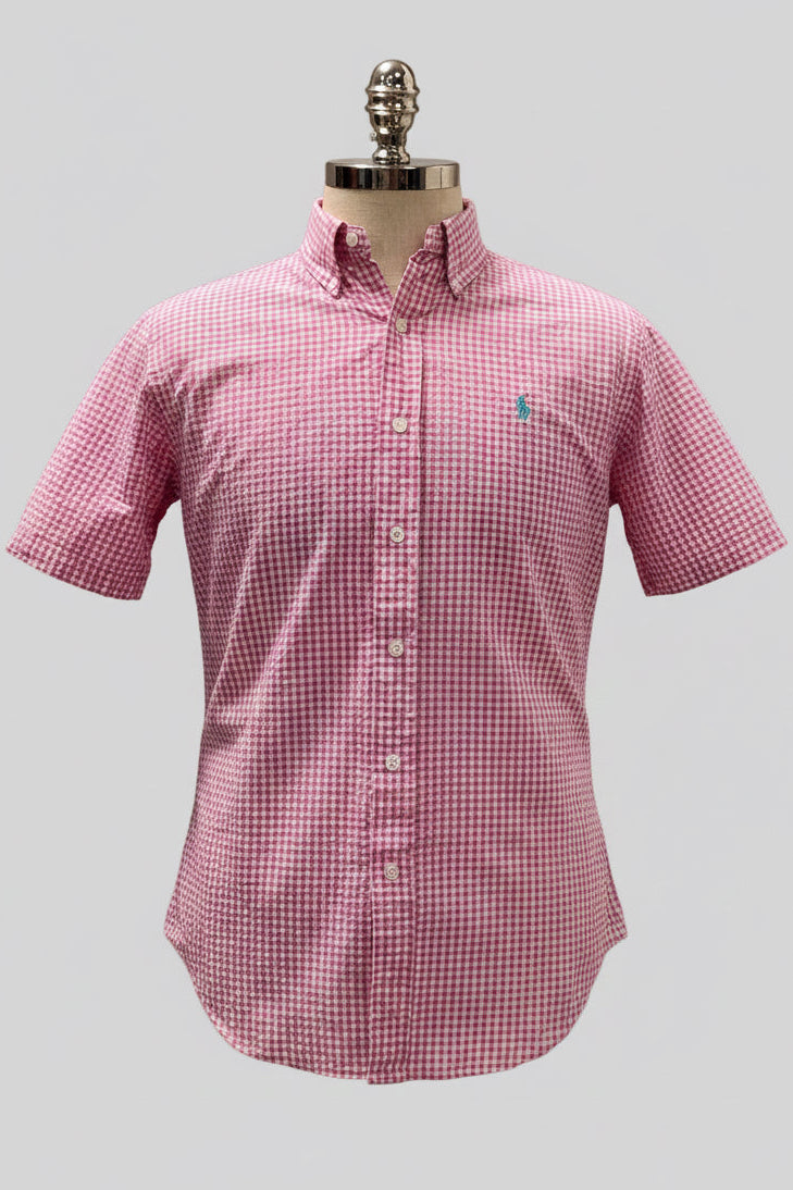 Camisa Polo Ralph Lauren 🏇🏼 Seersucker de cuadros en rosado y blanco Talla M Entalle Regular