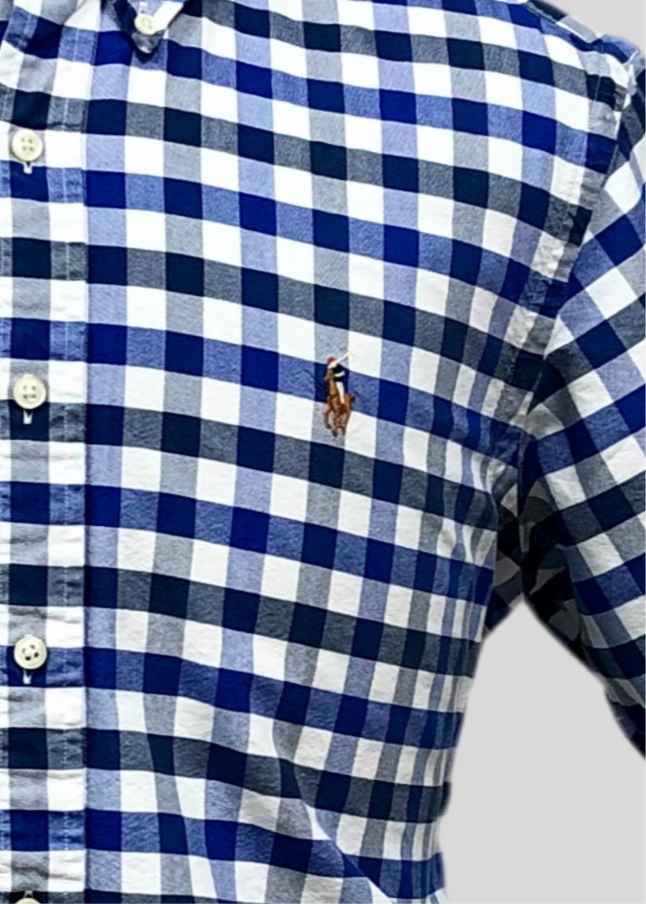 Camisa Polo Ralph Lauren 🏇🏼 Oxford blanca con patron de cuadros en color verde oscuro y azul Talla L Entalle Regular
