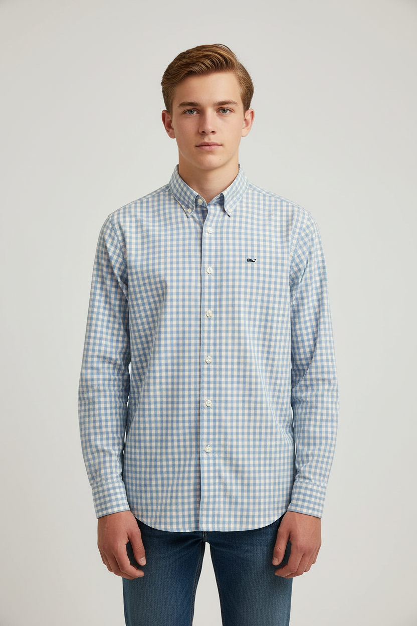 Camisa de niño Vineyard Vines 🐳 con patrón de cuadros en color rosado claro y celeste Talla L Entalle Regular