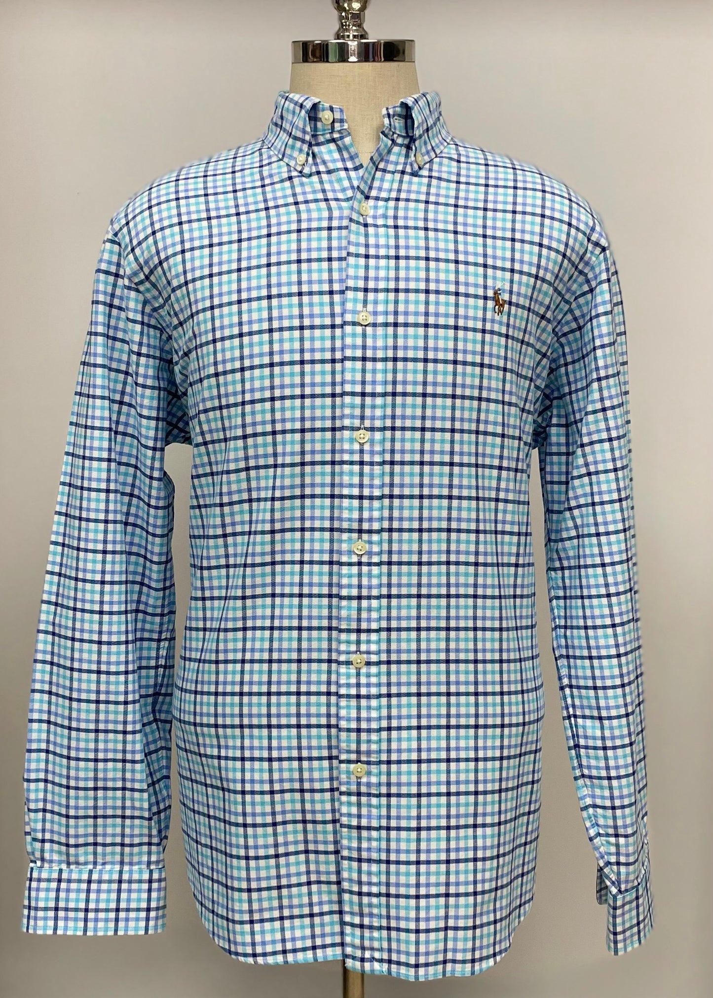 Camisa Polo Ralph Lauren 🏇🏼 con patron de cuadros gingham turquesa, azul y blanco Talla XL Entalle Clásico