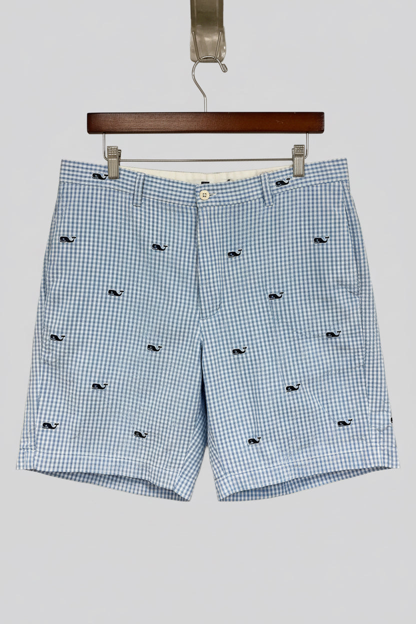 Short Casual Vineyard Vines 🐳 Seersucker con diseño de logos y cuadros celeste y blancos talla 34