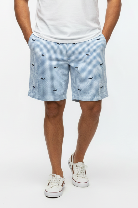 Short Casual Vineyard Vines 🐳 Seersucker con diseño de logos y cuadros celeste y blancos talla 34