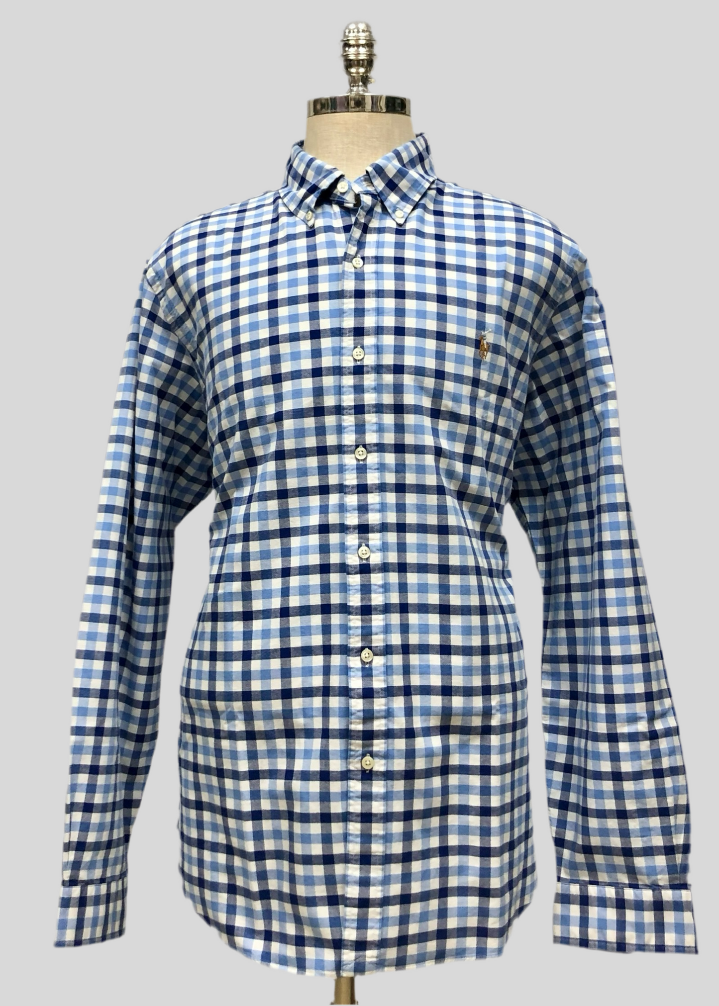 Camisa Polo Ralph Lauren 🏇🏼 Oxford color blanco con patron de cuadros en celeste y azul navy Talla XXL Entalle Regular
