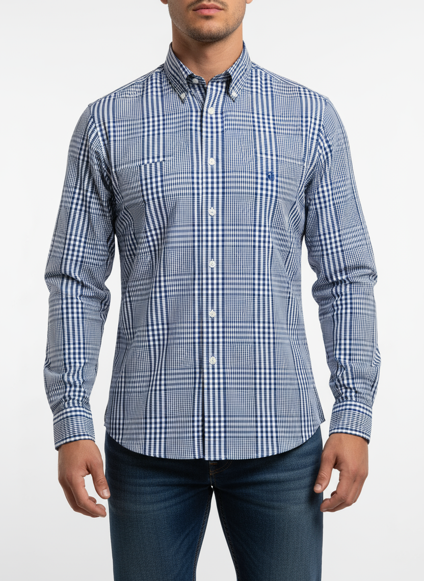 Camisa Brooks Brothers 🐑 color blanco con cuadros en azul Talla S Entalle Regular