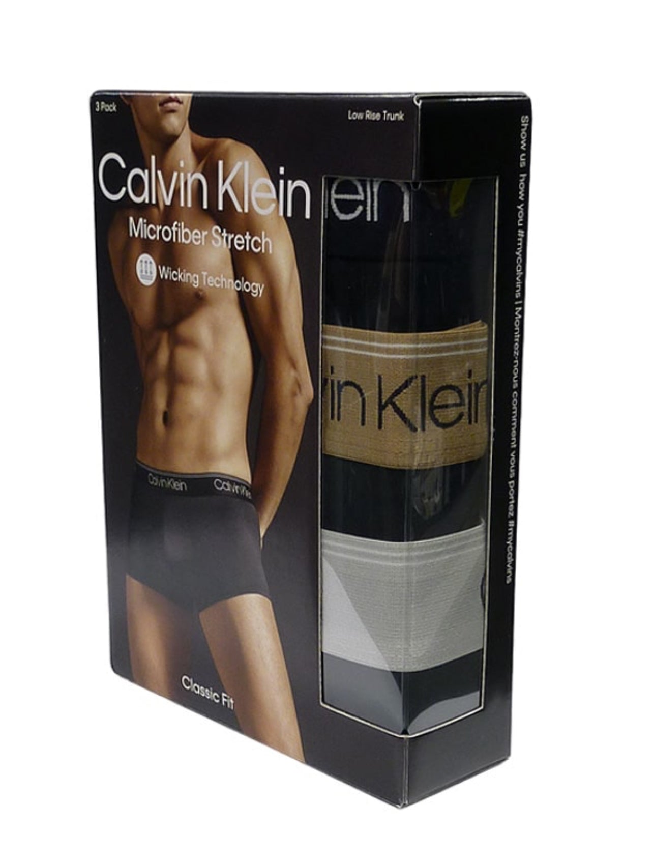 Paquete de 3 Calzoncillos tipo Boxer Calvin Klein de Microfibra Stretch en negro con cintura en dorado, blanco y negro - Tela ligera en Talla XL