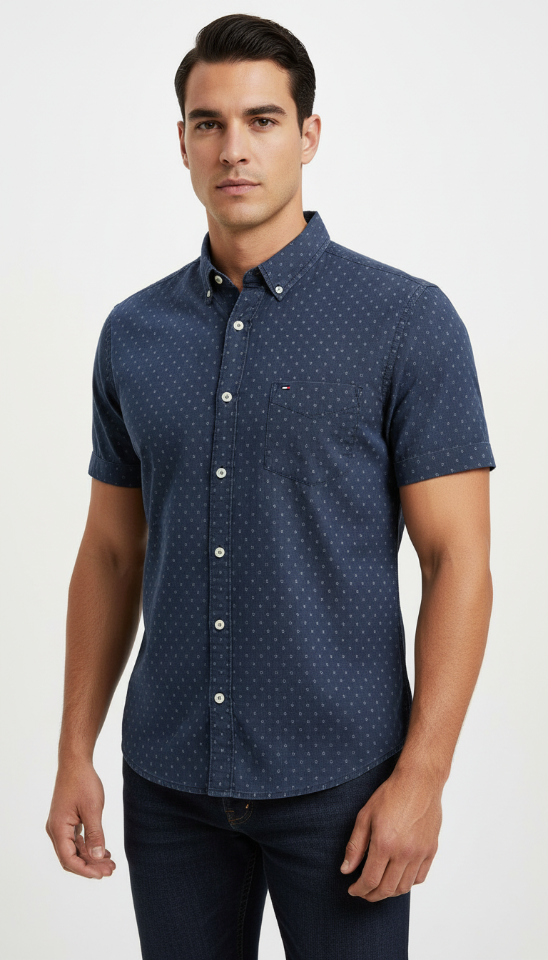 Camisa de botones Tommy Hilfiger 🇺🇸 en color gris oscuro y diseño de estrella Talla L Entalle Custom Fit (ver descripción)
