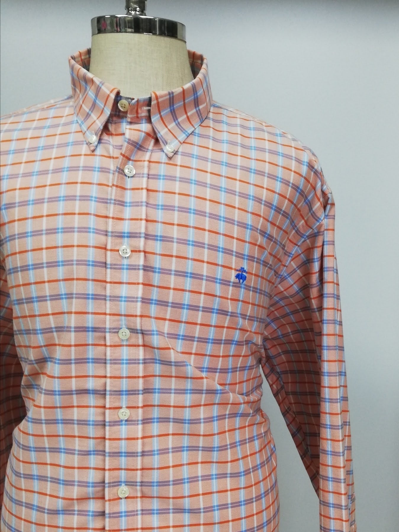 Camisa Brooks Brothers 🐑 color salmon con patrón de cuadros naranja y azul Talla 3XL Entalle Regular