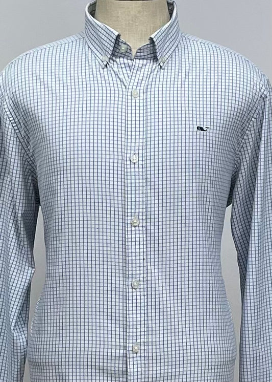 Camisa de botones Vineyard Vines 🐳 Performance color blanco de cuadros en color azul Talla L Entalle Regular