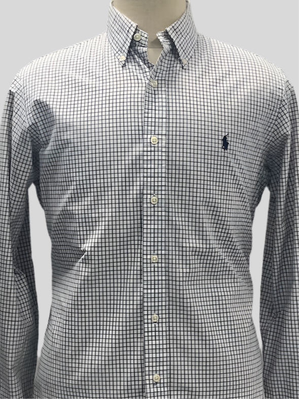 Camisa Polo Ralph Lauren 🏇🏼 color blanco con patron de cuadro azul y morado Talla M Entalle Custom Fit