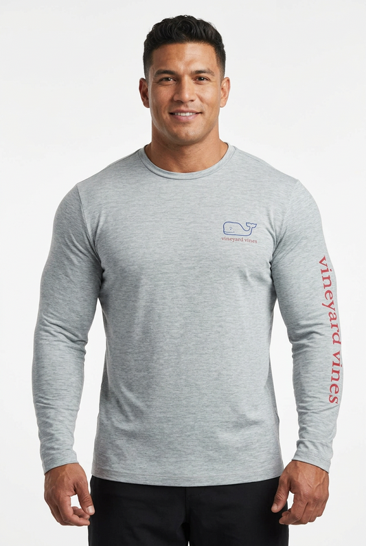 Camiseta cuello redondo Vineyard Vines 🐳 Performance color gris claro con Diseño de ballena Talla L