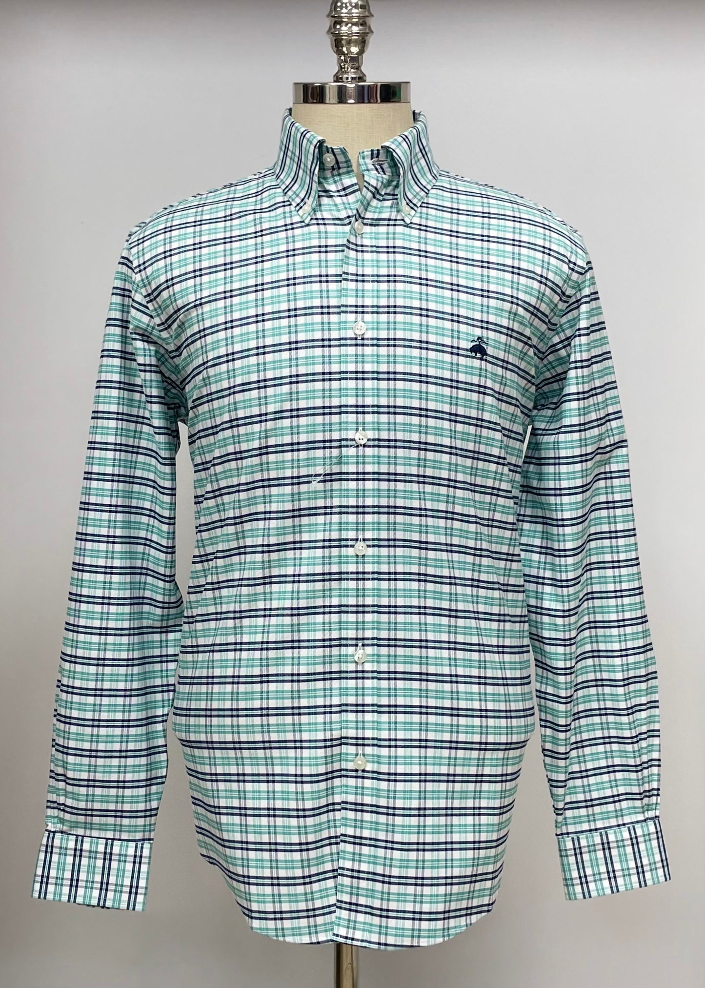 Camisa Brooks Brothers 🐑 color blanco con cuadros tartán en verde y negro Talla M Entalle Regular