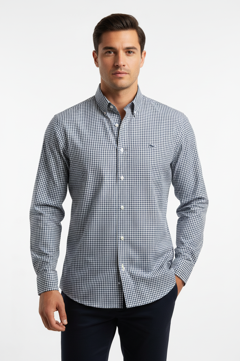 Camisa de botones Vineyard Vines 🐳 Performance de cuadros gingham en color azul navy y blanco Talla M Entalle Slim Fit