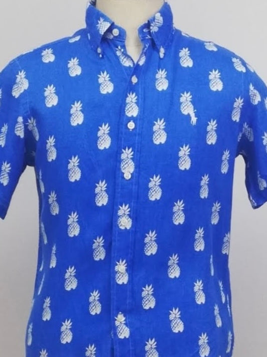 Camisa Polo Ralph Lauren 🏇🏼 de Lino en color azul con diseño de piñas en blanco Talla S Entalle Clásico