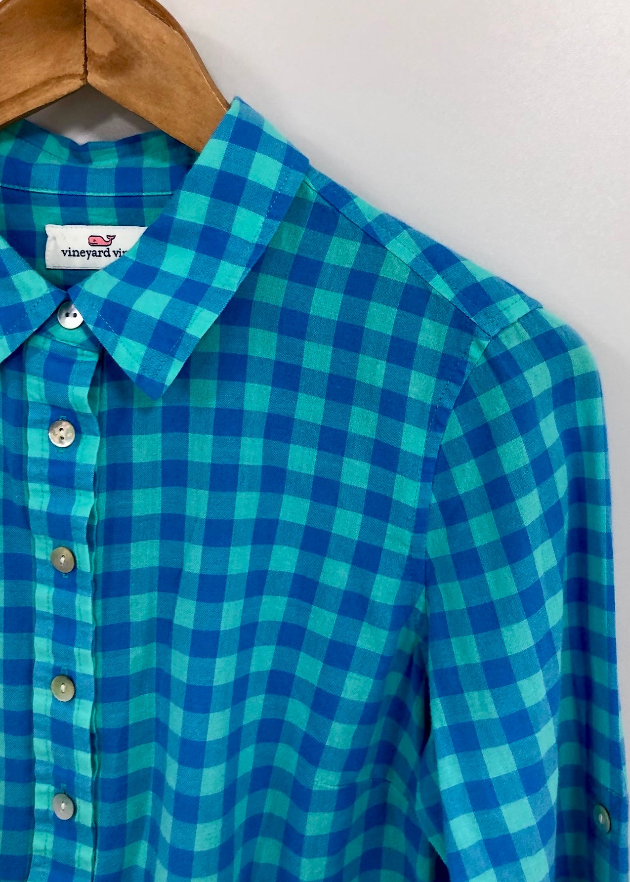 Camisa de mujer Vineyard Vines 🐳 con patrón de cuadros en azul y turquesa Talla S (4) Entalle Regular