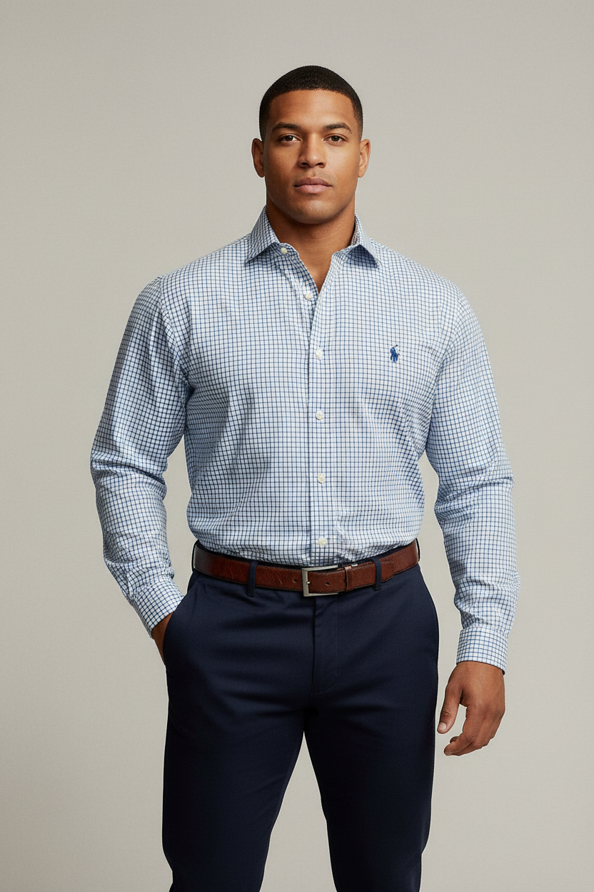 Camisa de botones Polo Ralph Lauren 🏇🏼 Color blanco de cuadros en azul Talla L Entalle Slim Fit
