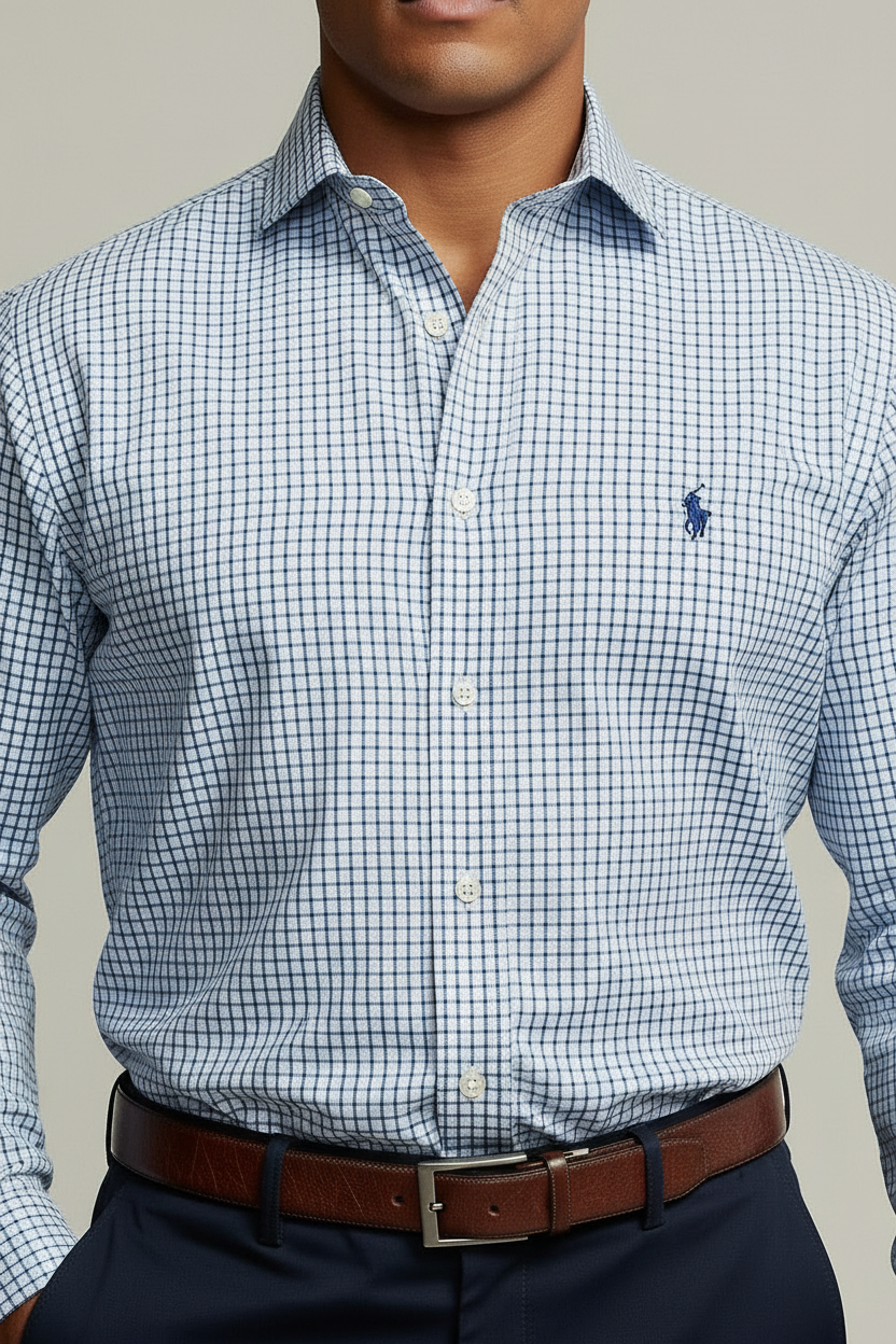 Camisa de botones Polo Ralph Lauren 🏇🏼 Color blanco de cuadros en azul Talla L Entalle Slim Fit