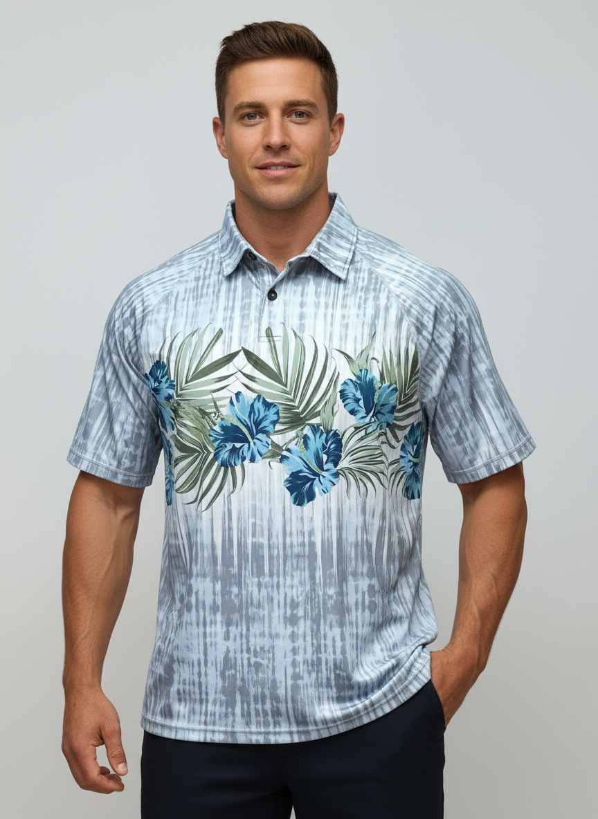 Camiseta Polo Tommy Bahama 🐬 color gris y blanco con diseño floral Talla L Entalle Regular