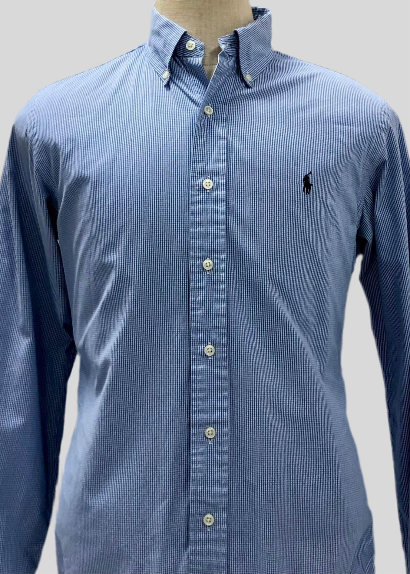 Camisa Polo Ralph Lauren 🏇🏼 con patron de cuadros finos azul y blanco Talla M Entalle Custom Fit