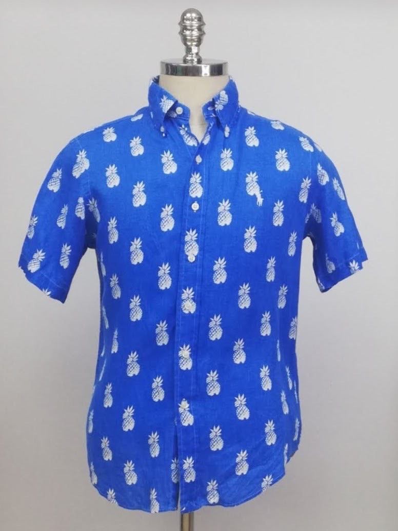 Camisa Polo Ralph Lauren 🏇🏼 de Lino en color azul con diseño de piñas en blanco Talla S Entalle Clásico