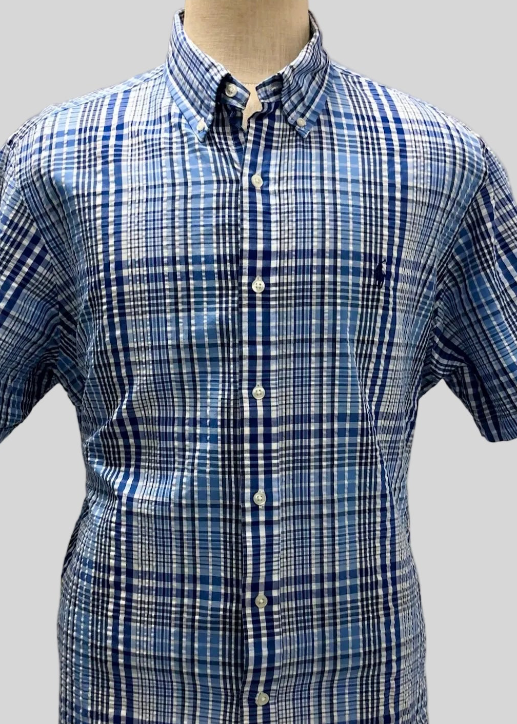 Camisa de botones Polo Ralph Lauren 🏇🏼 Seersucker de cuadros en azul, celeste y blanco Talla XL Entalle Regular