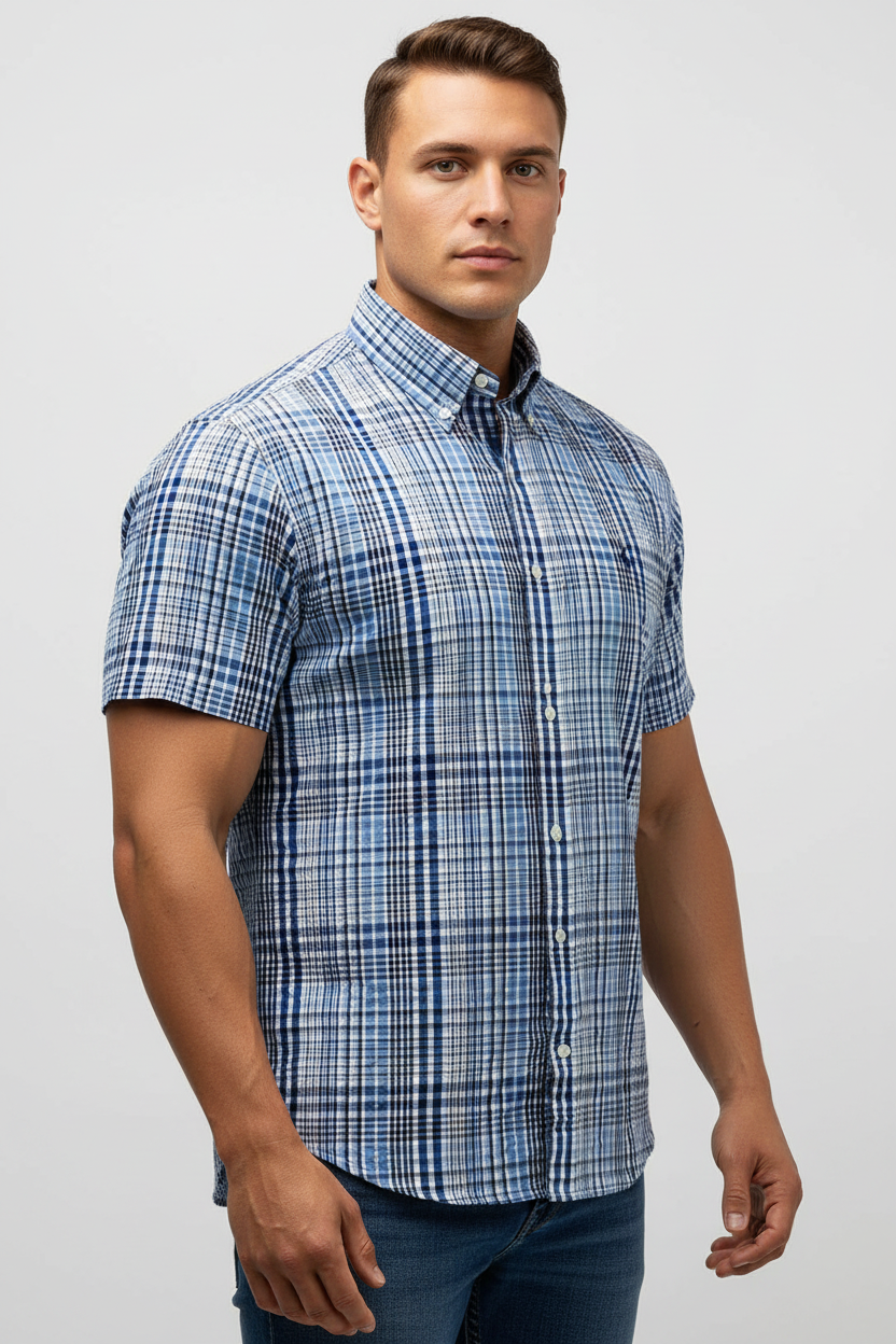 Camisa de botones Polo Ralph Lauren 🏇🏼 Seersucker de cuadros en azul, celeste y blanco Talla XL Entalle Regular