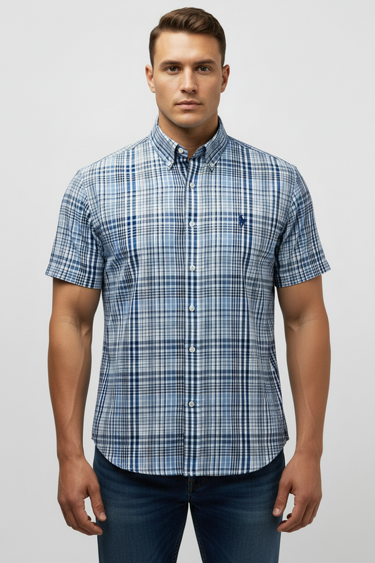 Camisa de botones Polo Ralph Lauren 🏇🏼 Seersucker de cuadros en azul, celeste y blanco Talla XL Entalle Regular