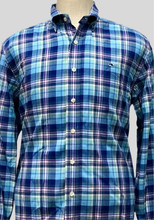 Camisa de botones Vineyard Vines 🐳 de cuadros en color morado, azul y celeste Talla M Entalle Regular