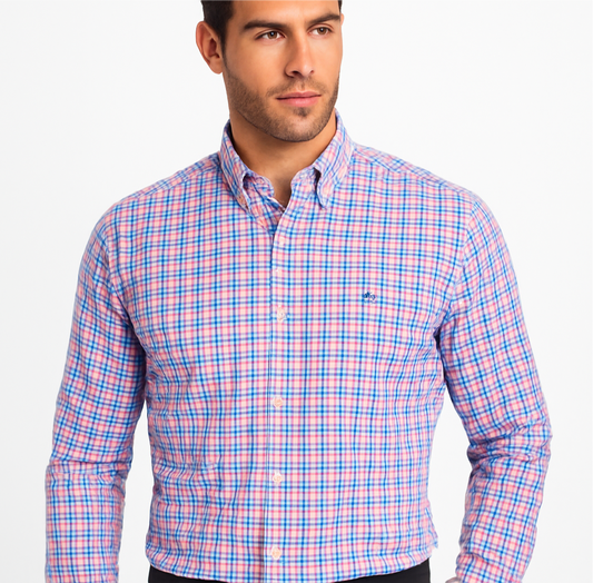 Camisa de botones Vineyard Vines 🐳 Performance de cuadros en color rosado, azul y blanco Talla M Entalle Clásico