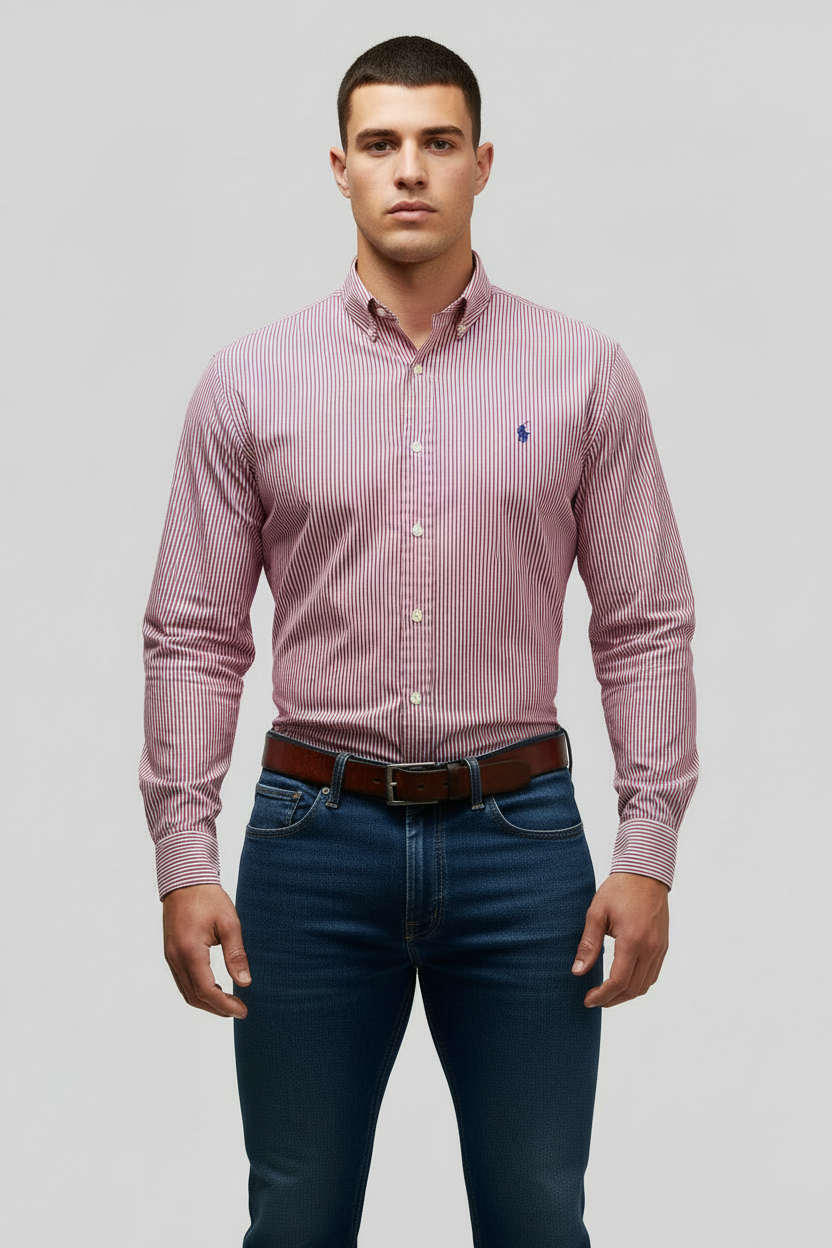 Camisa Polo Ralph Lauren 🏇🏼 con patron de rayas en color rojo y blanco Talla S Entalle Clásico