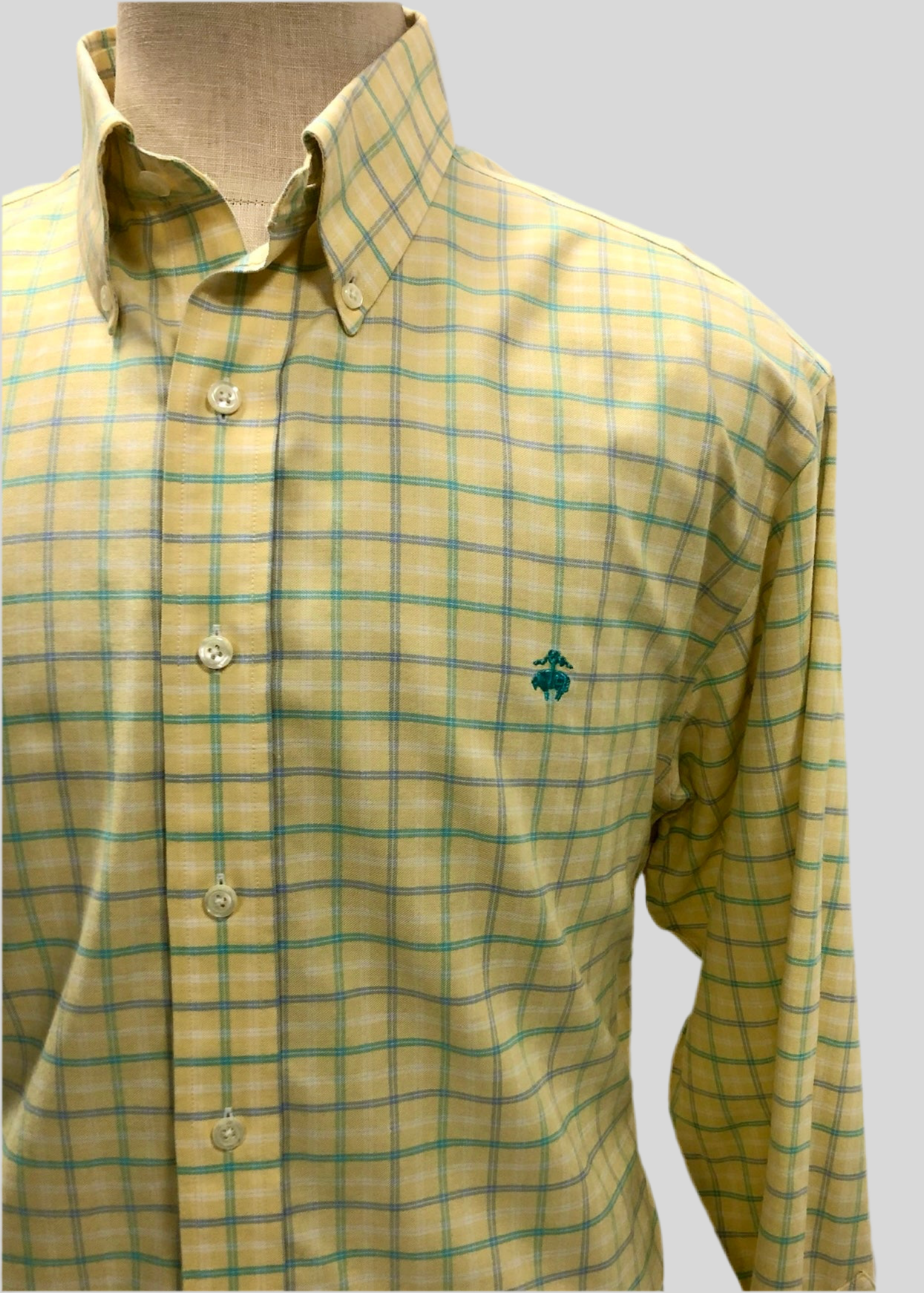 Camisa de botones Brooks Brothers 🐑 color amarillo claro con cuadros en verde y azul Talla XL Entalle Regular
