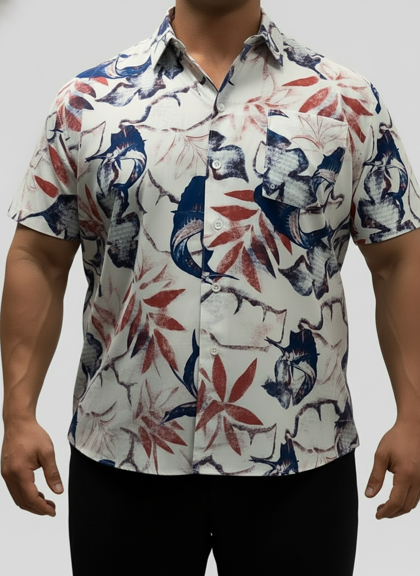 Camisa Columbia 🔹Color blanco con diseño floral en azul y rojo Talla XXL