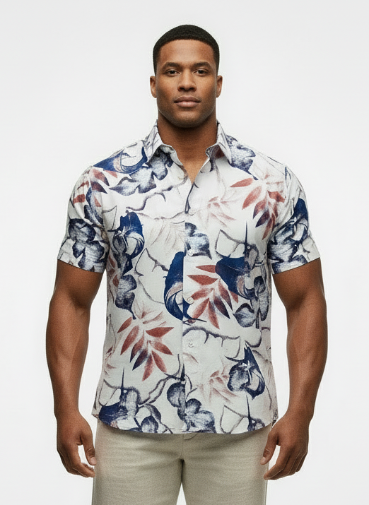 Camisa Columbia 🔹Color blanco con diseño floral en azul y rojo Talla XXL