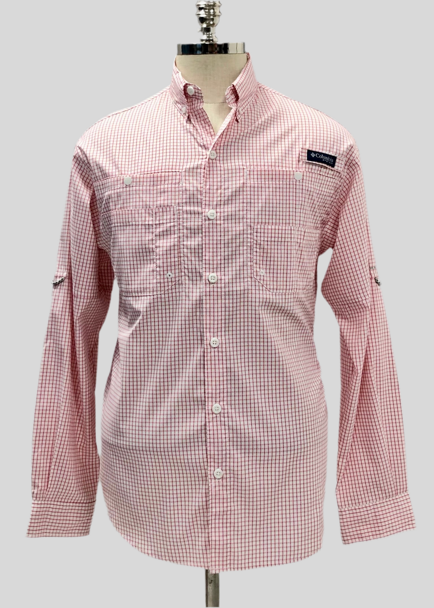 Camisa Columbia 🔹 Super Tamiami Color blanco con patrón de cuadros en rojo Talla S