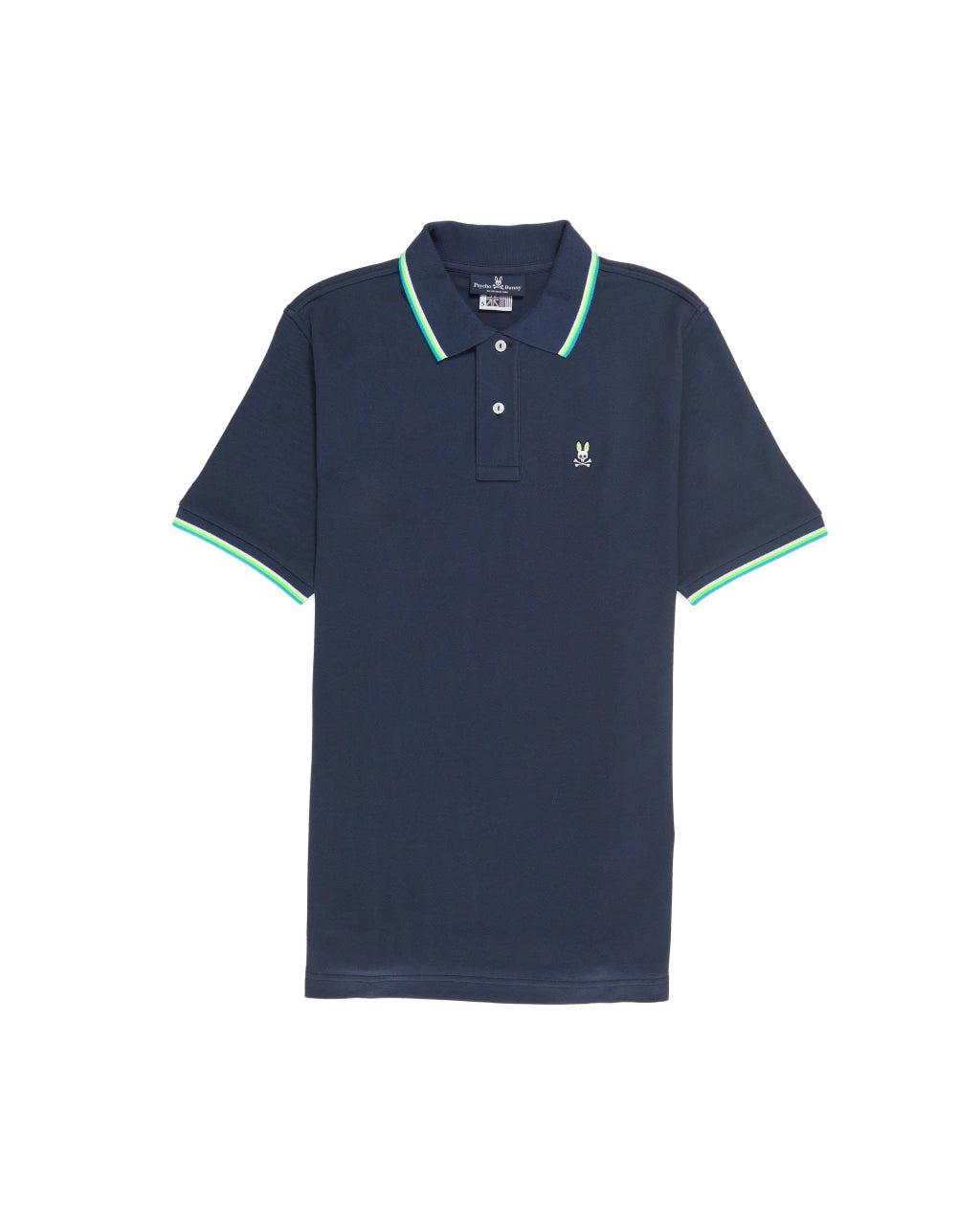 Camiseta Polo Psycho Bunny 🐰 Pique en color azul navy con diseño de cuello en blanco y verde Talla M Entalle Regular