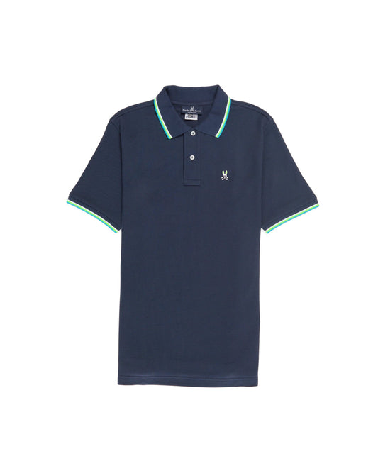 Camiseta Polo Psycho Bunny 🐰 Pique en color azul navy con diseño de cuello en blanco y verde Talla M Entalle Regular